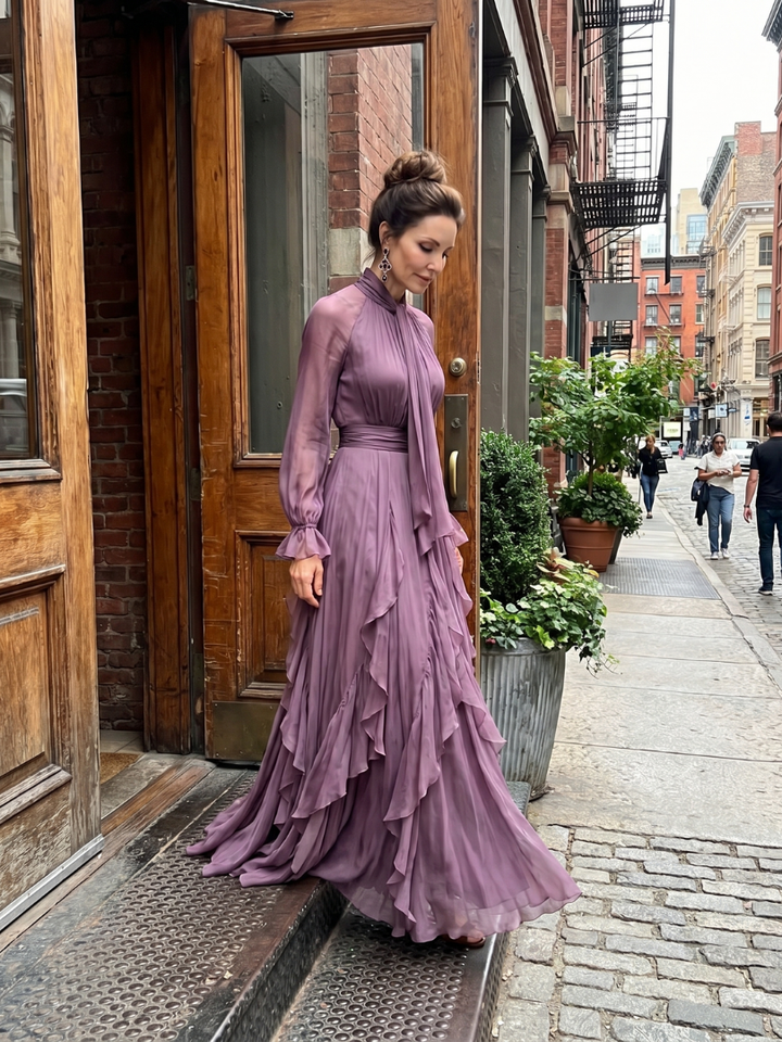 Demetria | Maxi Dress with Ruffle Details and Tied Neckline