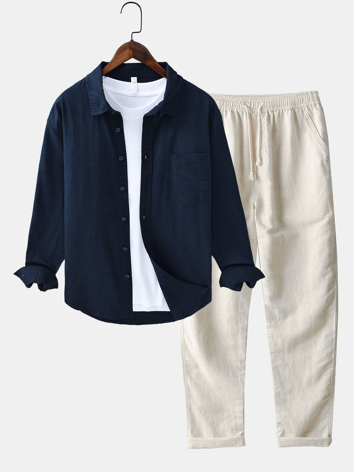 Long Sleeve Linen Cotton Shirt With Pocket & Straight Leg Linen Pants