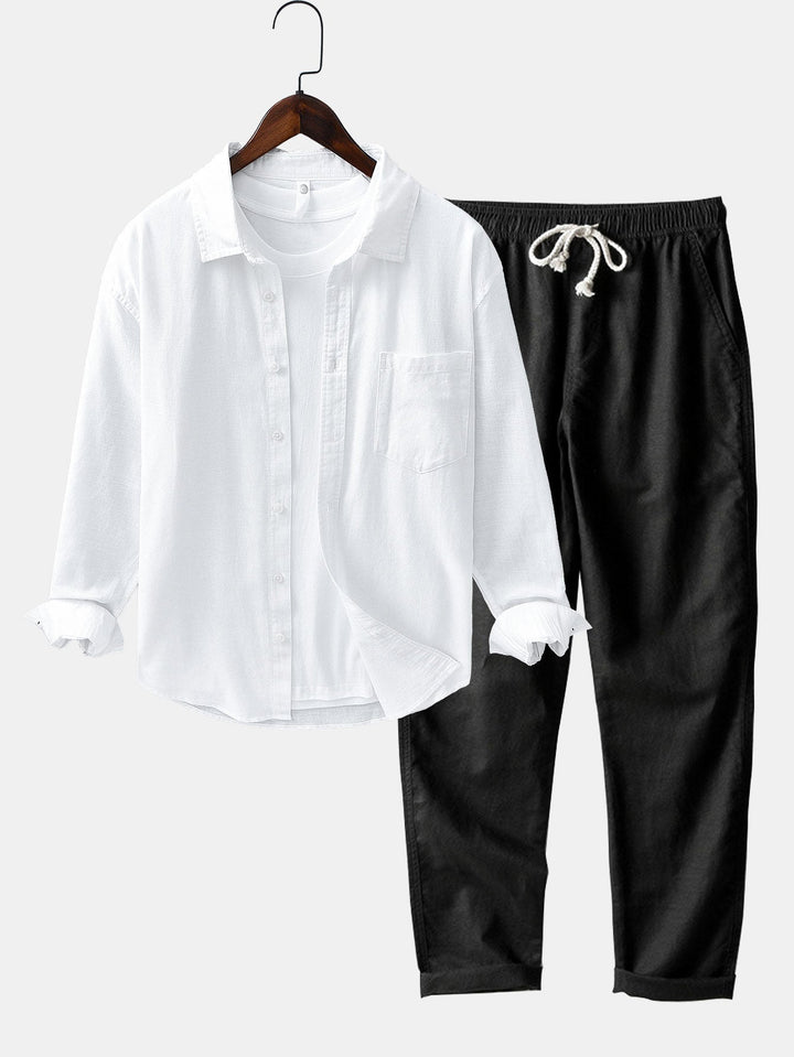 Long Sleeve Linen Cotton Shirt With Pocket & Straight Leg Linen Pants