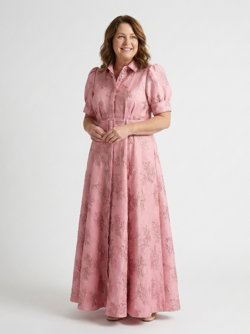 Xanthea | Short-sleeved, fitted, floral textured maxi dress