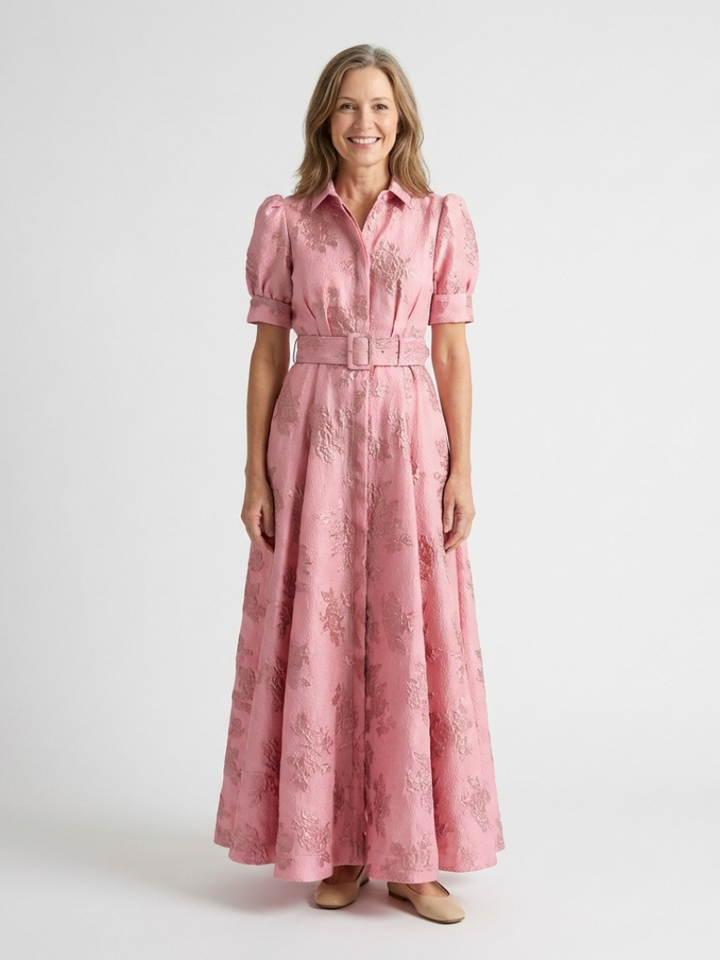 Xanthea | Short-sleeved, fitted, floral textured maxi dress