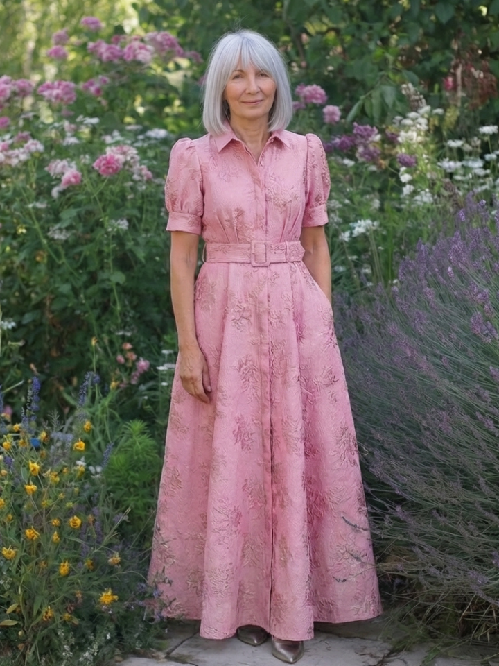 Xanthea | Short-sleeved, fitted, floral textured maxi dress
