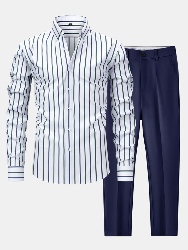 Long Sleeve Stripe Button Up Shirt & Slim Fit Tapered Trousers