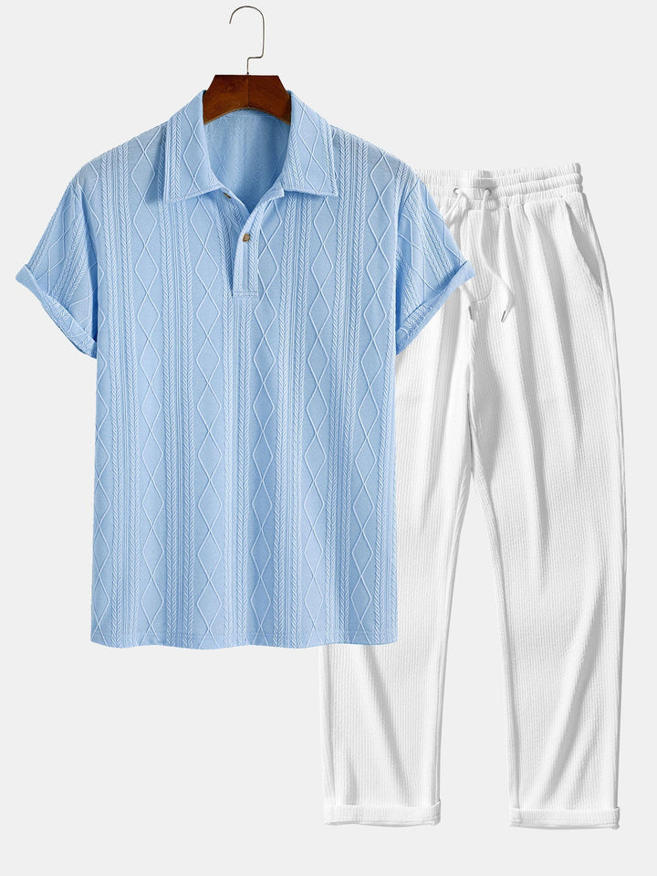 Knitted Geometric Rhombus Jacquard Polo & Straight Leg Ribbed Pants