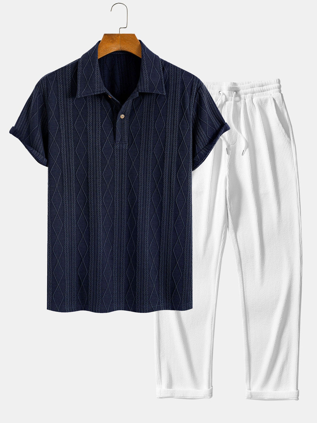 Knitted Geometric Rhombus Jacquard Polo & Straight Leg Ribbed Pants