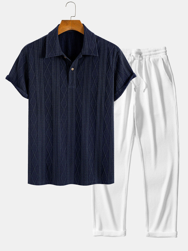Knitted Geometric Rhombus Jacquard Polo & Straight Leg Ribbed Pants
