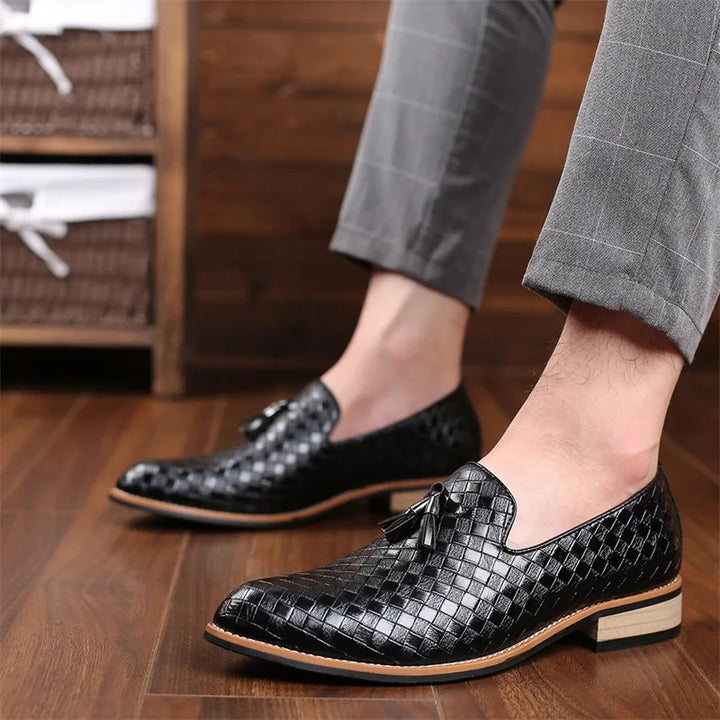 Valtieri Collection | Black Leather Loafers with Woven Design & Cushioned Insole for All-Day Comfort 4