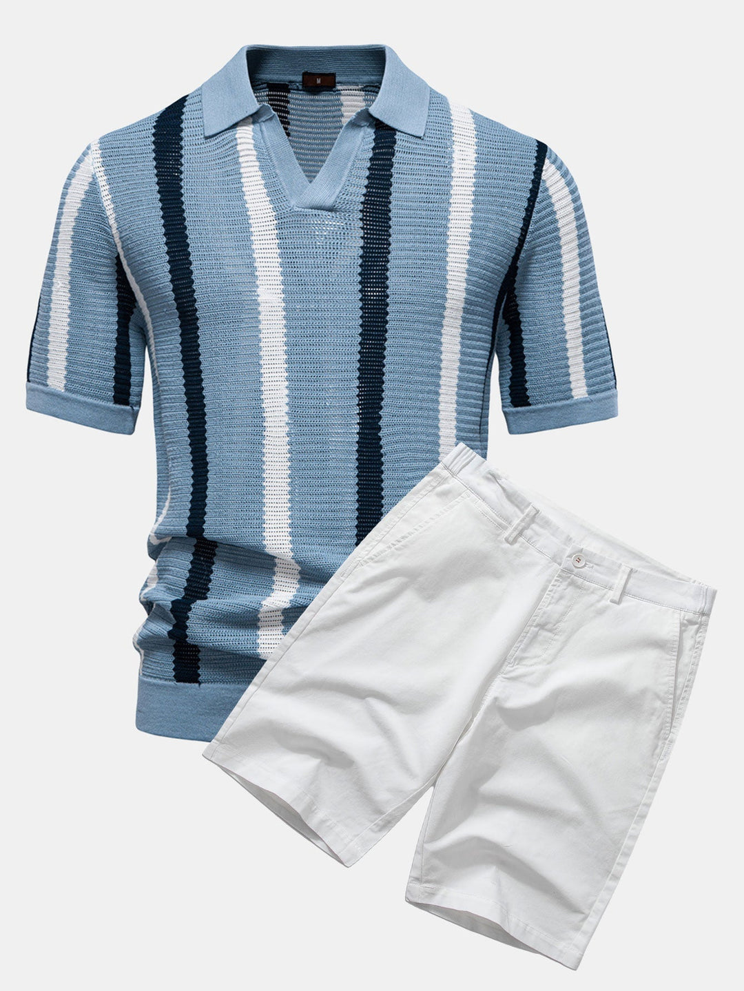 Stripe Knit V Neck Polo Shirt & Cotton Chino Shorts