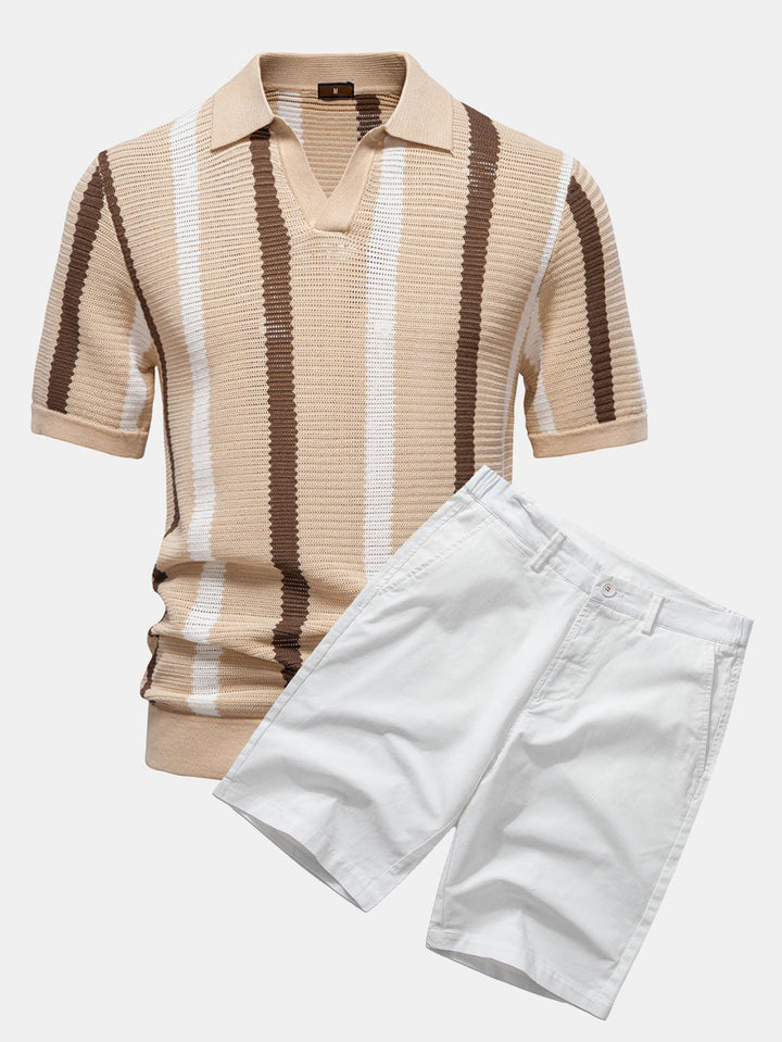 Stripe Knit V Neck Polo Shirt & Cotton Chino Shorts
