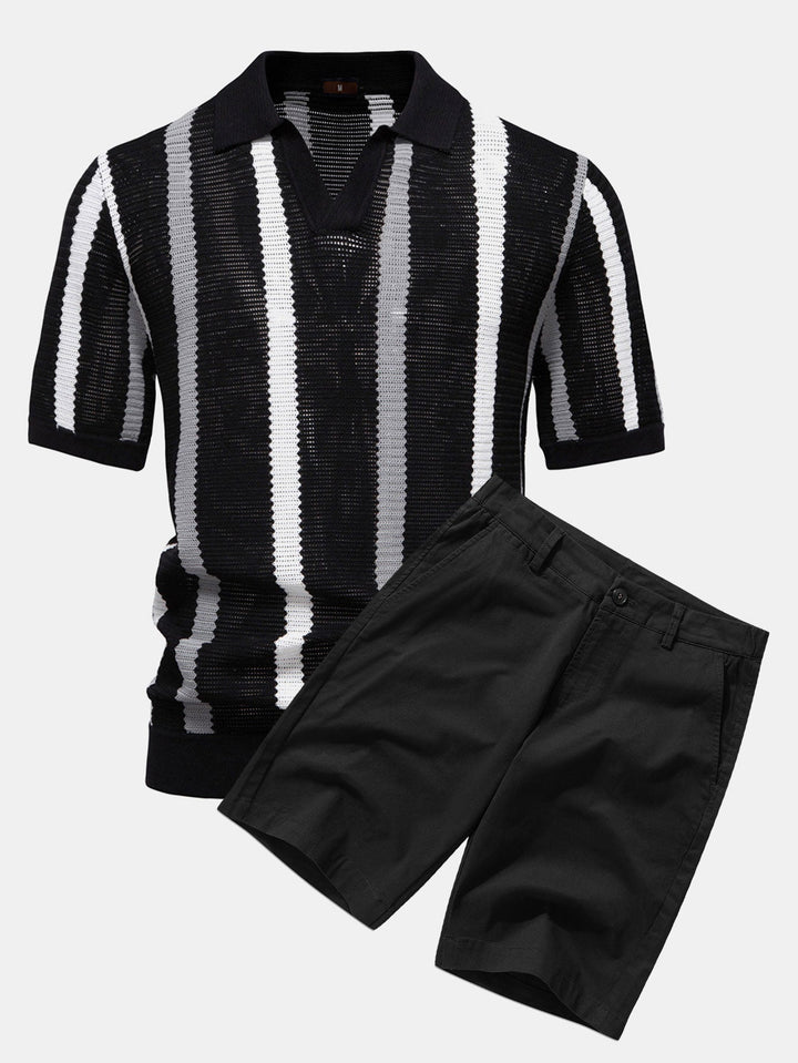 Stripe Knit V Neck Polo Shirt & Cotton Chino Shorts
