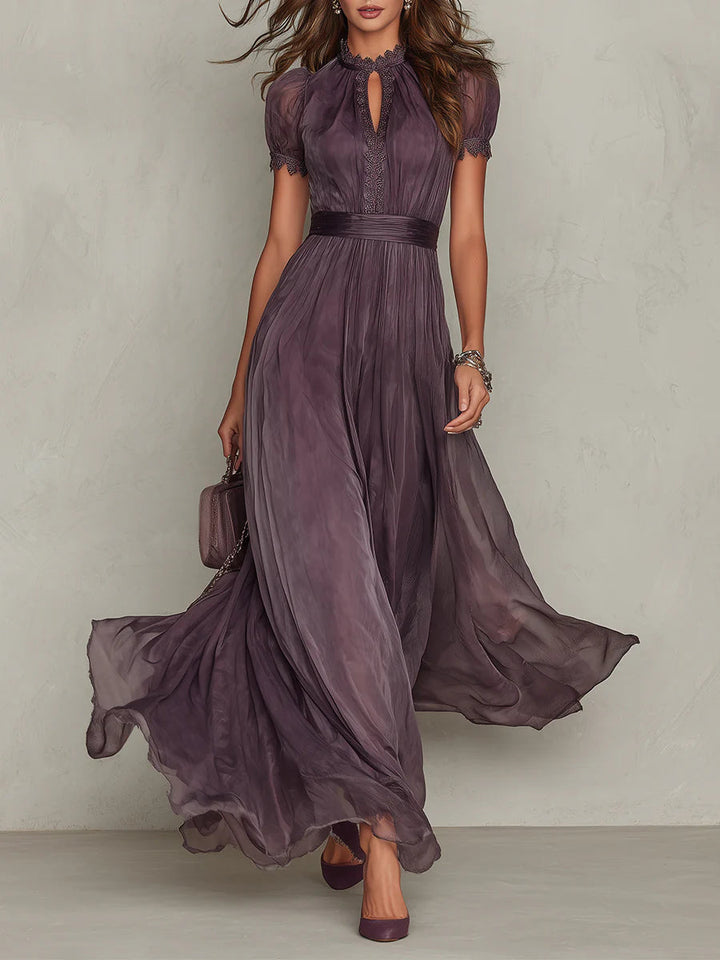 ESSENTIAL - Flavia • Long Purple Dress with Keyhole Neckline & Chiffon Lace Trim
