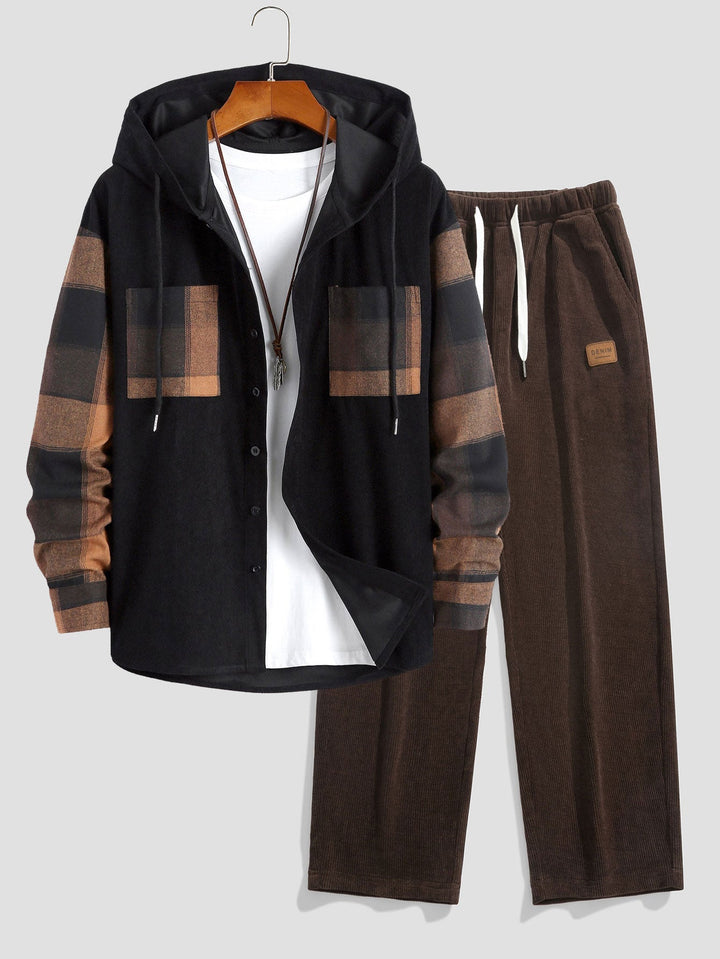 Relax Fit Plaid Corduroy Panel Hooded Shirt & Straight Leg Corduroy Pants