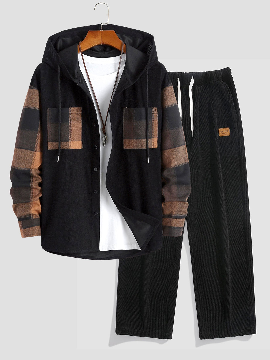 Relax Fit Plaid Corduroy Panel Hooded Shirt & Straight Leg Corduroy Pants