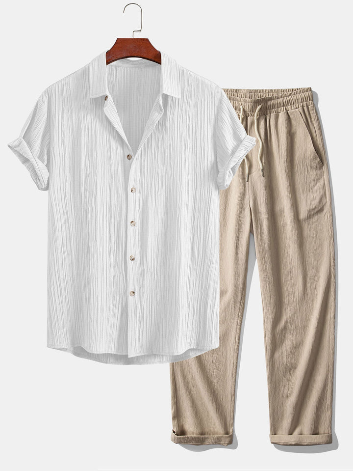 Wrinkled Textured Button Up Shirt & Wrinkle Textured Straight Leg Pants