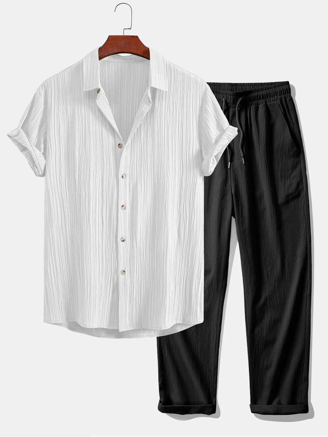 Wrinkled Textured Button Up Shirt & Wrinkle Textured Straight Leg Pants