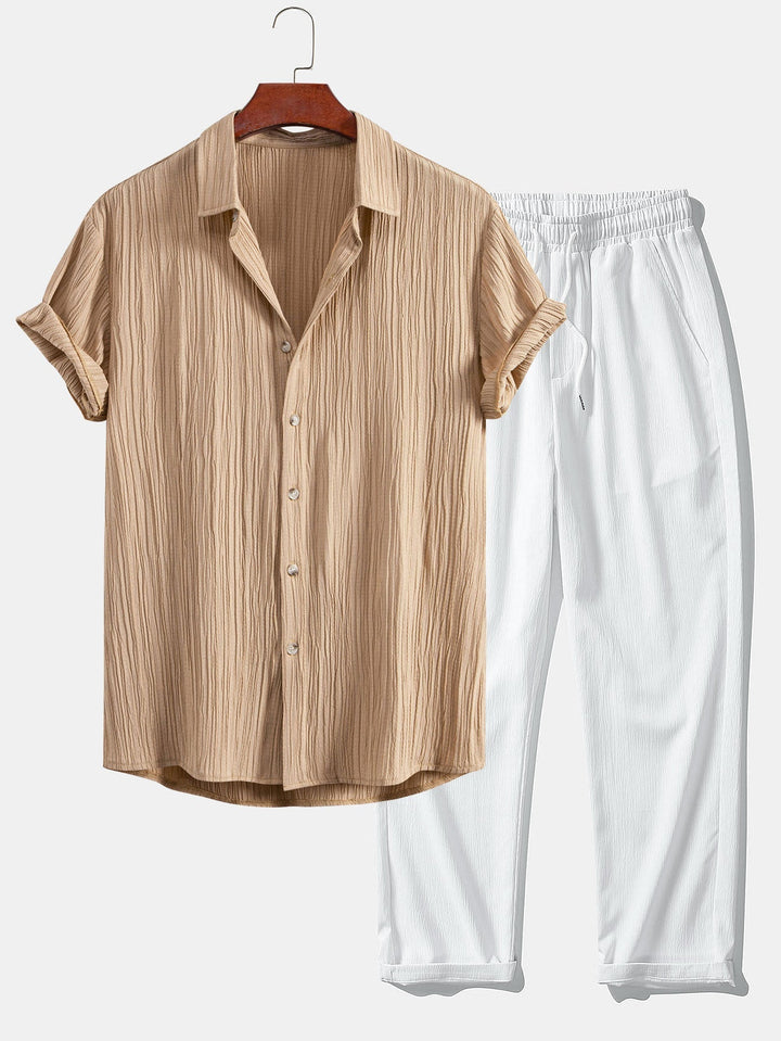 Wrinkled Textured Button Up Shirt & Wrinkle Textured Straight Leg Pants