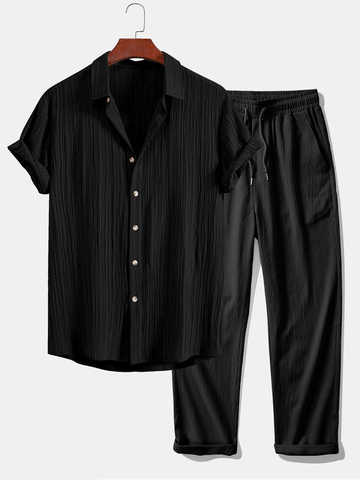 Wrinkled Textured Button Up Shirt & Wrinkle Textured Straight Leg Pants