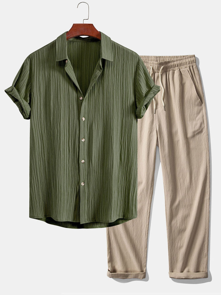 Wrinkled Textured Button Up Shirt & Wrinkle Textured Straight Leg Pants