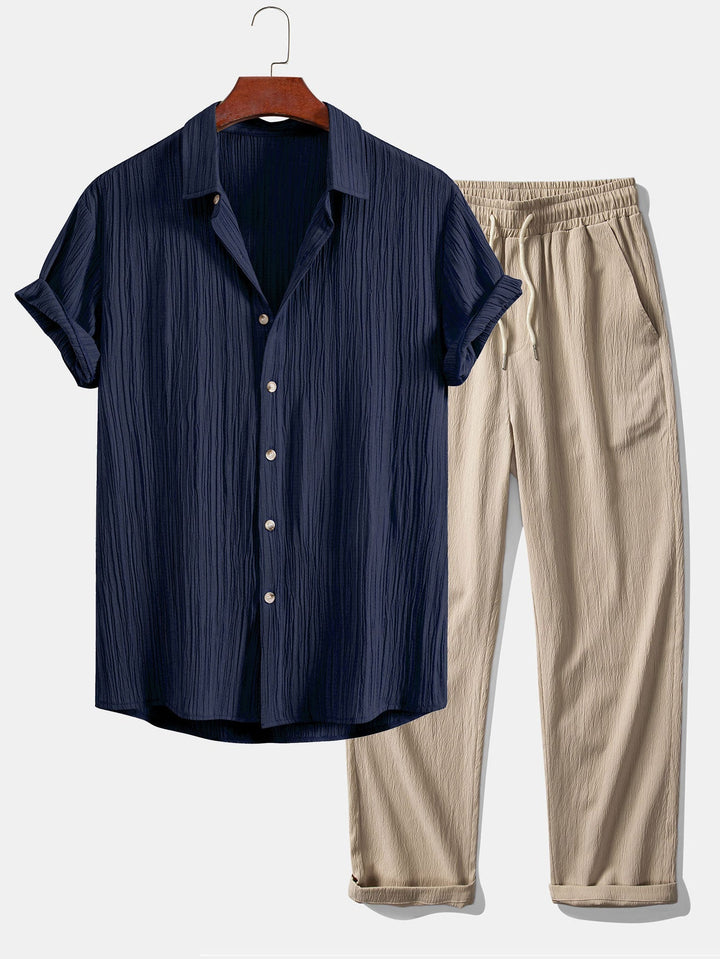 Wrinkled Textured Button Up Shirt & Wrinkle Textured Straight Leg Pants