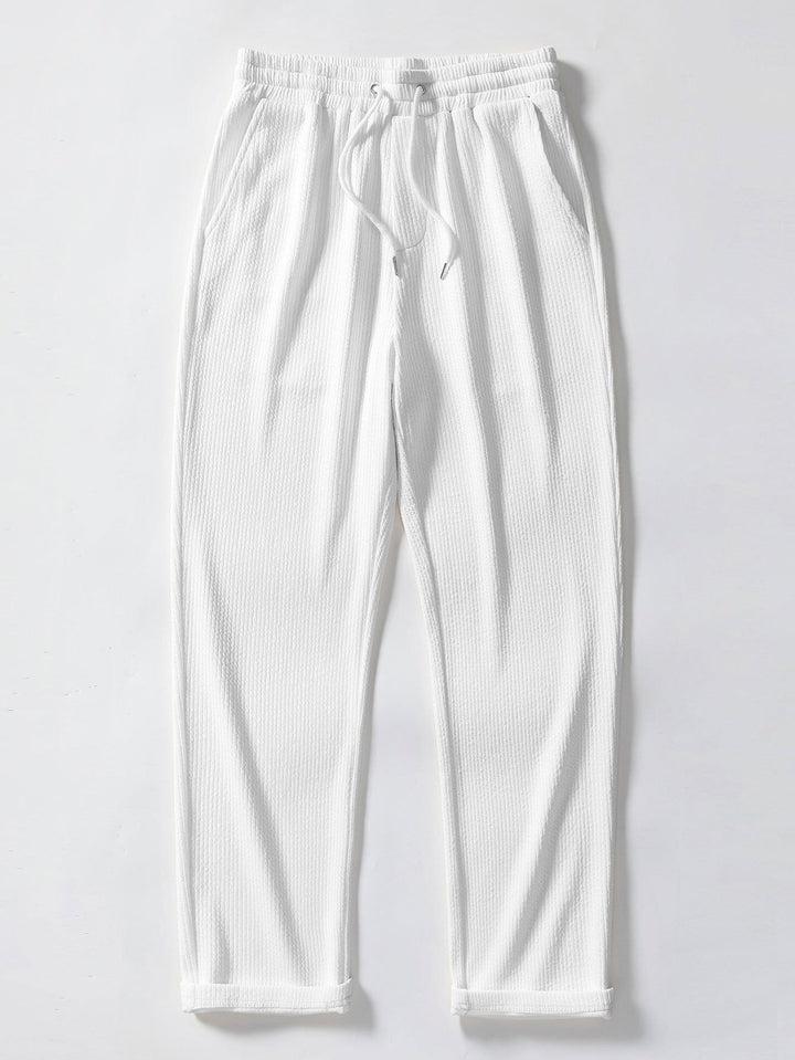 Texture Contrast Knitted V Neck Polo Shirt & Straight Leg Ribbed Pants