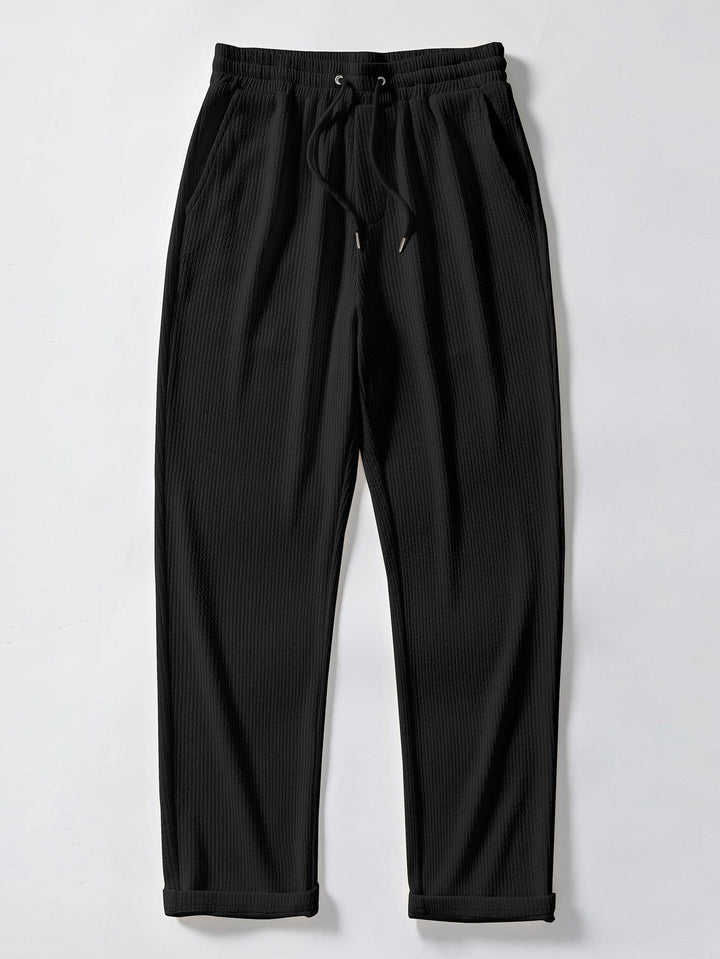 Texture Contrast Knitted V Neck Polo Shirt & Straight Leg Ribbed Pants