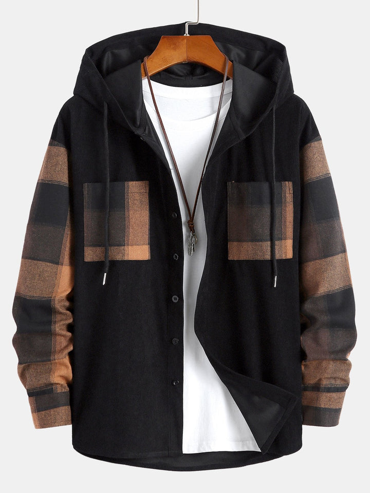 Relax Fit Plaid Corduroy Panel Hooded Shirt & Straight Leg Corduroy Pants